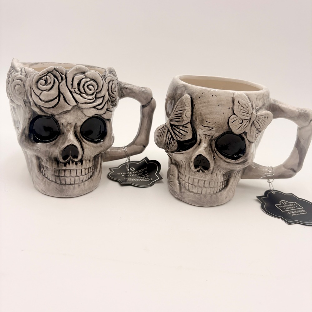 10 Strawberry Street Skull Mugs Set of 2 Rose Butterfly Bone Handle Ceramic Grey